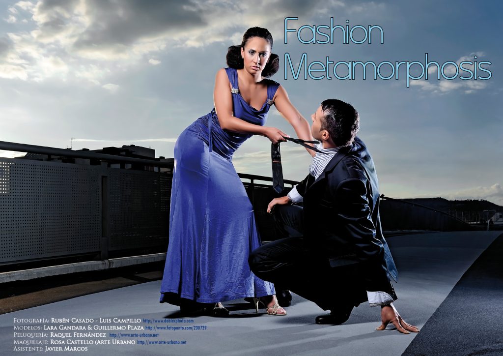 editorial de la revista Infashion Magazine modelo femenino con vestido azul tirando de la corbata a modelo masculino. Modelo en editorial de moda Infashion Magazine por Rubén Casado